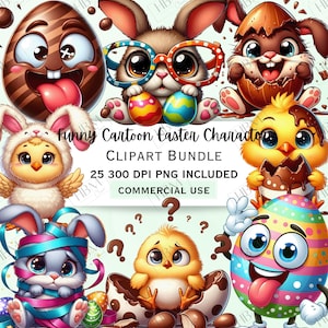 Bundle de cliparts personnages de Pâques drôles de bande dessinée, sticker poussin comique, adorable lapin, oeufs en chocolat fantaisistes PNG, usage Commercial