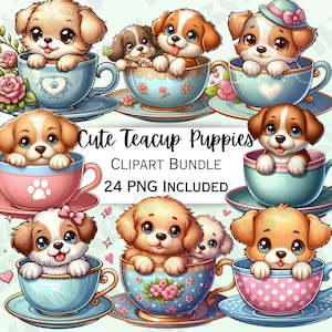 24 Cute Cartoon Teacup Puppies Clipart Bundle, Dog  Stickers, Adorable Wall Art, Humourous PNG for invitations, Funny Canine