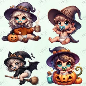 Cute Cartoon Baby Witches Clipart Bundle, Magical Witchy Art, Kawaii Halloween Art, Adorable Whimsical Broomstick PNG, Commercial Use image 4