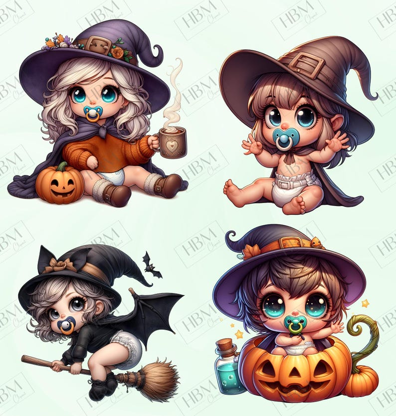 Cute Cartoon Baby Witches Clipart Bundle, Magical Witchy Art, Kawaii Halloween Art, Adorable Whimsical Broomstick PNG, Commercial Use image 4
