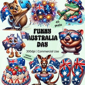 Puede incluir: Colección de ilustraciones digitales con temática australiana. Las imágenes incluyen un quokka, un cocodrilo, un canguro y un pastel. El texto dice "Funny Australia Day".