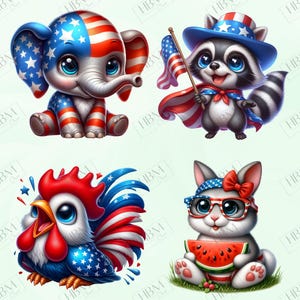 May include: Four cartoon illustrations of patriotic animals. An elephant, raccoon, rooster, and bunny are decorated with red, white, and blue colours and patterns. The bunny holds a watermelon slice.