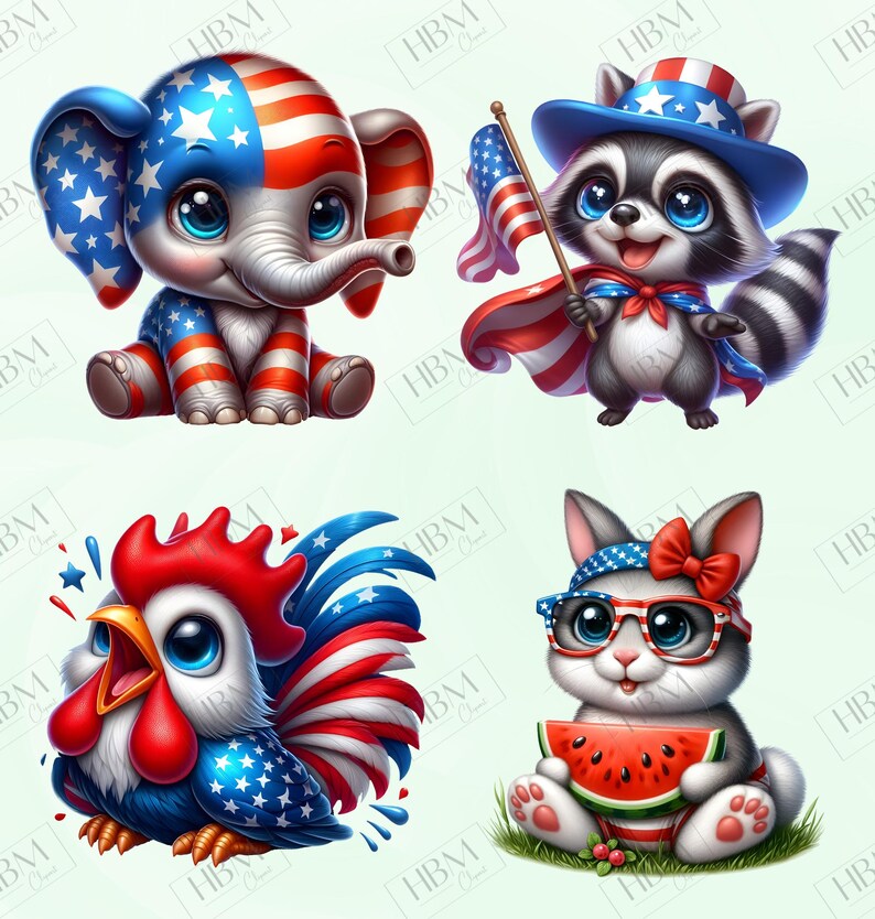 May include: Four cartoon illustrations of patriotic animals. An elephant, raccoon, rooster, and bunny are decorated with red, white, and blue colours and patterns. The bunny holds a watermelon slice.