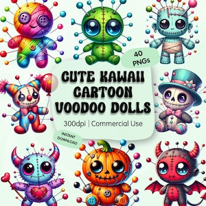 May include: A collection of cute, cartoon voodoo dolls in various designs. The dolls are colorful, with button eyes, stitched features, and pins. One doll is a pumpkin, and another is a Frankenstein's monster. The image includes the text "Cute Kawaii Cartoon Voodoo Dolls."