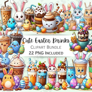 May include: A colorful digital illustration featuring cute Easter-themed drinks and characters. The image includes various beverages, Easter eggs, and bunny characters. Text on the image reads "Cute Easter Drinks" and "CLPART BUNDLE 22 PNG INCLUDED."