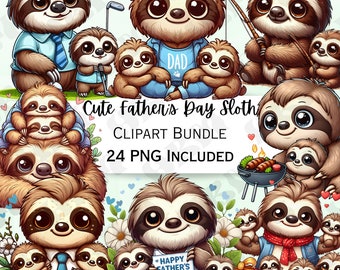 May include: A digital clipart bundle of 24 sloth illustrations featuring fathers and their children. The sloths are depicted in various poses, including holding signs that say "Happy Father's Day" and grilling hot dogs. The illustrations are in a cartoon style and are perfect for creating Father's Day cards, invitations, or other crafts.