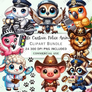 Bundle de cliparts animaux de la police de dessin animé mignon, autocollants fantaisistes de détective, agent original adorable PNG pour invitations, usage commercial