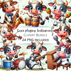 24 schattige cartoon koeien spelen instrumenten clipart bundel, Bull stickers, schattige muur kunst, muziek humoristische PNG voor uitnodigingen sticker