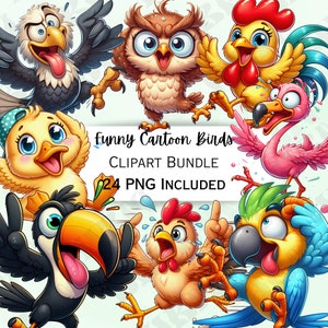Niedliche lustige Cartoon Vögel Clipart Bundle, witzige Aufkleber, entzückende Dekorationen, wunderliche PNG für Einladungen, Grußkarten