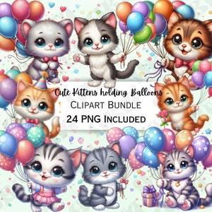 Cute Party Kittens Clipart Bundle, Cartoon Cat Balloon Sticker, Adorable Party Decorations, Whimsical PNG for Sublimation, Greeting cards