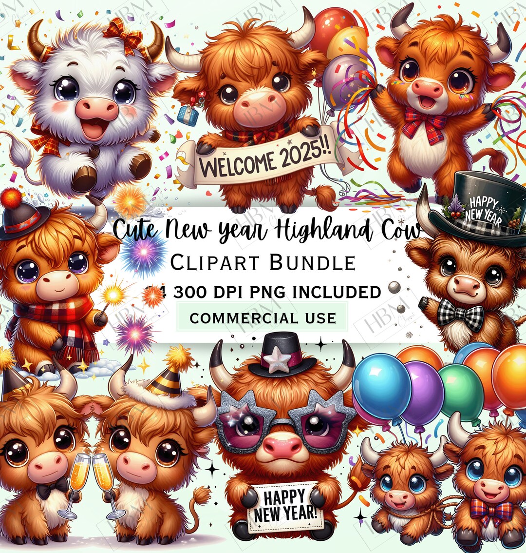 Cute Cartoon New Year Highland Cow Clipart Bundle, Whimsical Party ...