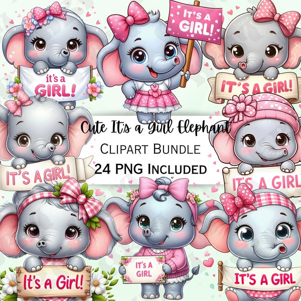 Cute It's a Girl Elephant Clipart Bundle, Birth announcement, Pink Nursery Decor, Adorable PNG for invitations, Celebration Banner