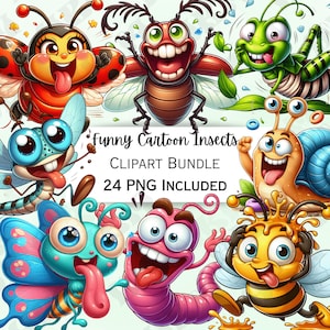 Niedliches lustiges Cartoon Insekten Clipart Bundle, Biene Aufkleber, entzückende Schmetterling Dekorationen, wunderliches PNG für Einladungen, Grußkarten