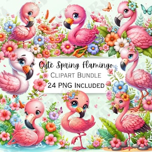 24 Paquete de imágenes prediseñadas de flamencos de primavera de dibujos animados lindos, decoración de vivero de aves, arte de pared de flores para bebés, PNG de insectos, ducha infantil floral