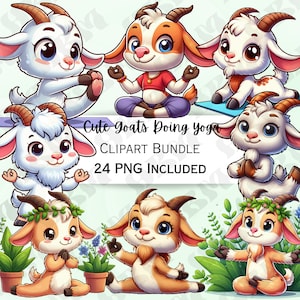 Süßes Cartoon-Ziegen-Yoga-Clipart-Bundle, lustiger Tier-Meditationsaufkleber, entzückende Achtsamkeitssublimation, skurriler digitaler Download