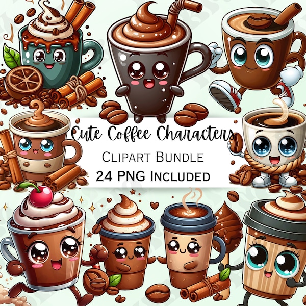 24 Cute Coffee Characters Clipart Bundle, Caffeine Card making, Adorable Baby Wall Art, Beverage PNG for invitations, Cartoon beverage