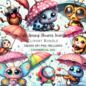 Conjunto de clipart de insetos fofos da primavera, inseto de dia chuvoso PNG, gráfico de abelha kawaii, design de sublimação de joaninha, imagem transparente, uso comercial