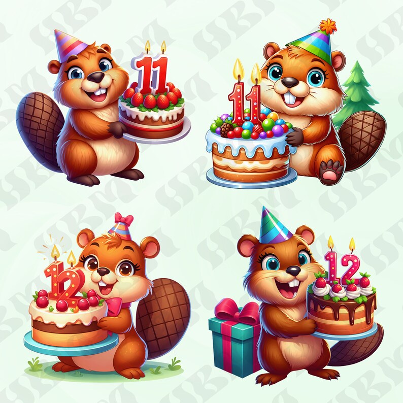 Cute Birthday Beaver Clipart Bundle, Cartoon Sticker, Adorable Party ...