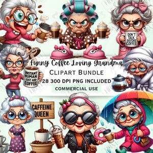 Lustiges Kaffee Oma Clipart Bundle, freches Senior PNG Bundle, schrullige Retro Lady Grafik, wunderliche PNG für Einladungen, kommerzielle Nutzung