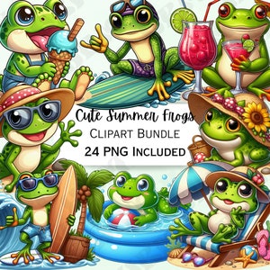 24 süße Cartoon-Sommer-Frosch-Clipart-Bundle, Surf-Kinderzimmer-Dekor, Strand-Baby-Wandkunst, Eis-PNG, Wasser-Babyparty