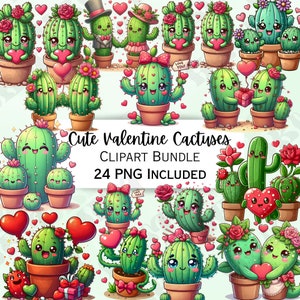 24 graziosi pacchetti di clipart di cactus di San Valentino, creazione di biglietti di cactus, arte della parete di piante per bambini, PNG succulente, invito cactoid, disegni di cuori d'amore