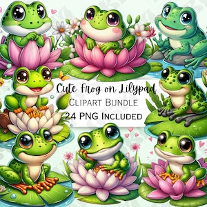 Cute Cartoon Frog on Lilypad Clipart Bundle, Witty Stickers, Adorable Decorations, Whimsical Amphibian PNG for Sublimation, Digital Download