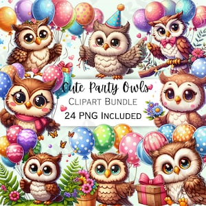 24 niedliche Party Eulen, Clipart Bundle, Cartoon Ballon Aufkleber, entzückende Partydekorationen, wunderliche PNG für Einladungen, Grußkarten