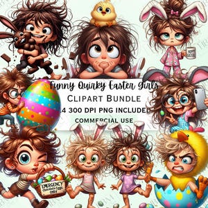 Paquete de imágenes prediseñadas divertidas y extravagantes de chicas de Pascua, calcomanías de dibujos animados para niños, decoraciones divertidas para niños, PNG extravagantes para invitaciones, uso comercial