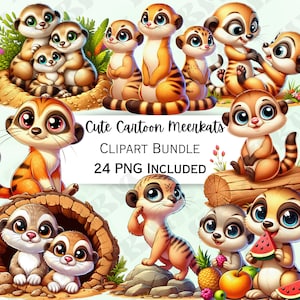 Niedliches Cartoon-Erdmännchen-Clipart-Bundle, Wildtier-Aufkleber, entzückende Baby-Wandkunst, Tier-PNG für Einladungen, Aufkleber, 24 Illustrationen