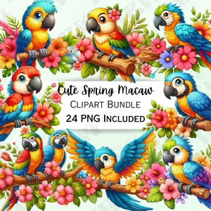 24 Paquete de imágenes prediseñadas de guacamayos de primavera de dibujos animados lindos, decoración de vivero de aves, arte de pared de bebé de flores, PNG de insectos, ducha infantil floral