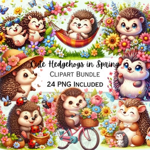 Niedliches Cartoon Frühling Igel Clipart Bundle, fröhliche Kinderzimmer Dekoration, Blumen Baby Wandkunst, Floral Säugling Dusche, 24 PNG Illustrationen