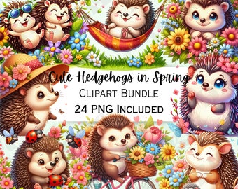 Niedliches Cartoon Frühling Igel Clipart Bundle, fröhliche Kinderzimmer Dekoration, Blumen Baby Wandkunst, Floral Säugling Dusche, 24 PNG Illustrationen