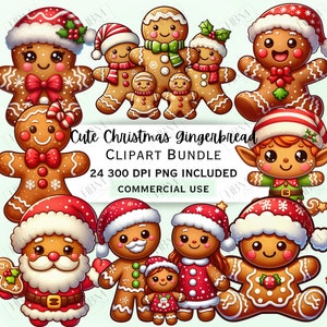 May include: A set of 24 digital clipart images featuring cute gingerbread people in various Christmas-themed outfits. The images are in PNG format and are 300 DPI. The clipart is for commercial use.