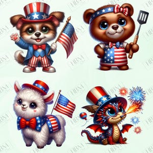May include: Four cartoon characters in patriotic outfits, celebrating Independence Day. A dog, bear, llama, and dragon are depicted with American flags and festive hats. The image is rendered in a bright, cartoon style, perfect for themed decorations.