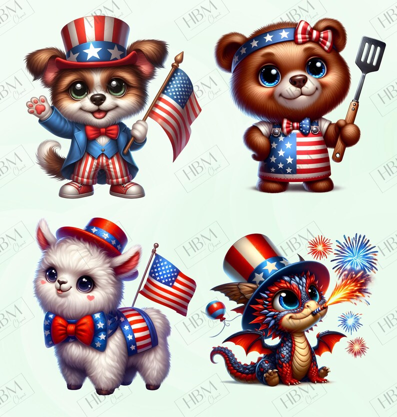 May include: Four cartoon characters in patriotic outfits, celebrating Independence Day. A dog, bear, llama, and dragon are depicted with American flags and festive hats. The image is rendered in a bright, cartoon style, perfect for themed decorations.