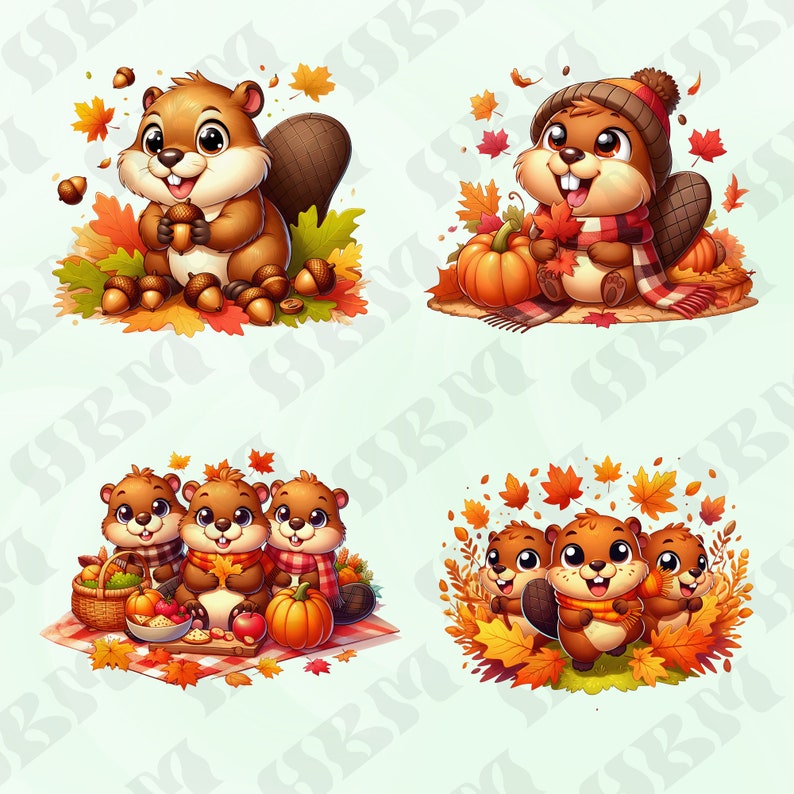 Cute Cartoon Autumn Beaver's Clipart Bundle, Fall Nursery Decor, Leaves ...