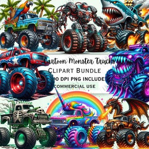 Cartoon Monster Trucks Clipart Bundle, Whimsical Offroad Vehicle Stickers, Quirky Extreme Offroad PNG for Invitations, Commercial Use