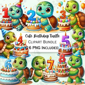 16 niedliche Schildkröte Clipart Bundle, Cartoon Aufkleber, entzückende Partydekoration, wunderliches PNG für Einladungen, Grußkarten