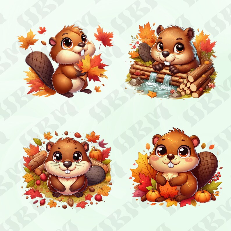 Cute Cartoon Autumn Beaver's Clipart Bundle, Fall Nursery Decor, Leaves ...