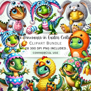 Cute Easter Dinosaurs in Costumes Clipart Bundle, Cartoon Jurassic Sticker, Adorable Bunny Ears Graphic, Whimsical Chick PNG, Commercial Use