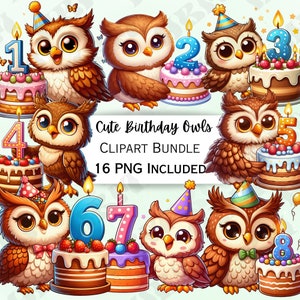 16 leuke verjaardag uil clipart bundel, cartoon cake sticker, schattige feestversieringen, grillige PNG voor uitnodigingen, wenskaarten