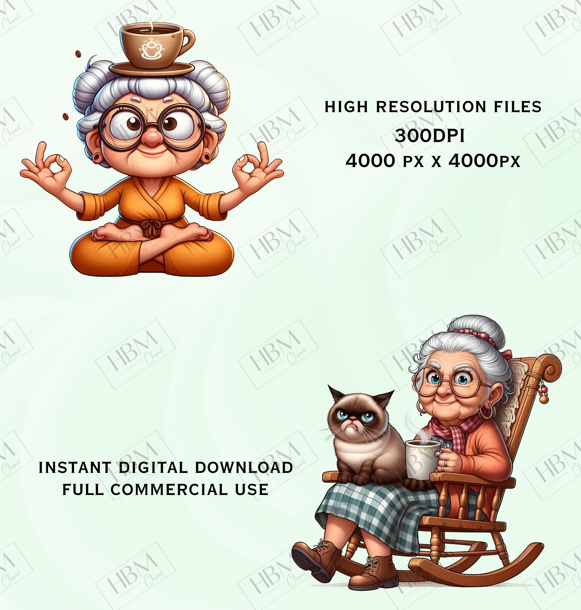 面白いコーヒーを飲むおばあちゃんのクリップアートバンドル、生意気な