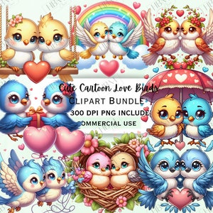 Lindo paquete de imágenes prediseñadas de pájaros enamorados de dibujos animados, calcomanía divertida para San Valentín, adorables gráficos kawaii PNG para invitaciones, uso comercial