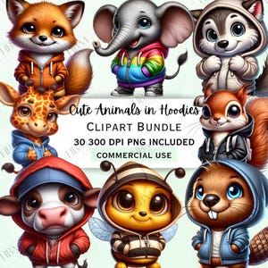 Cute Cartoon Animals in Hoodies Clipart Bundle, Whimsical Character Stickers, Adorable Quirky PNG, Transparent Background, Commercial Use