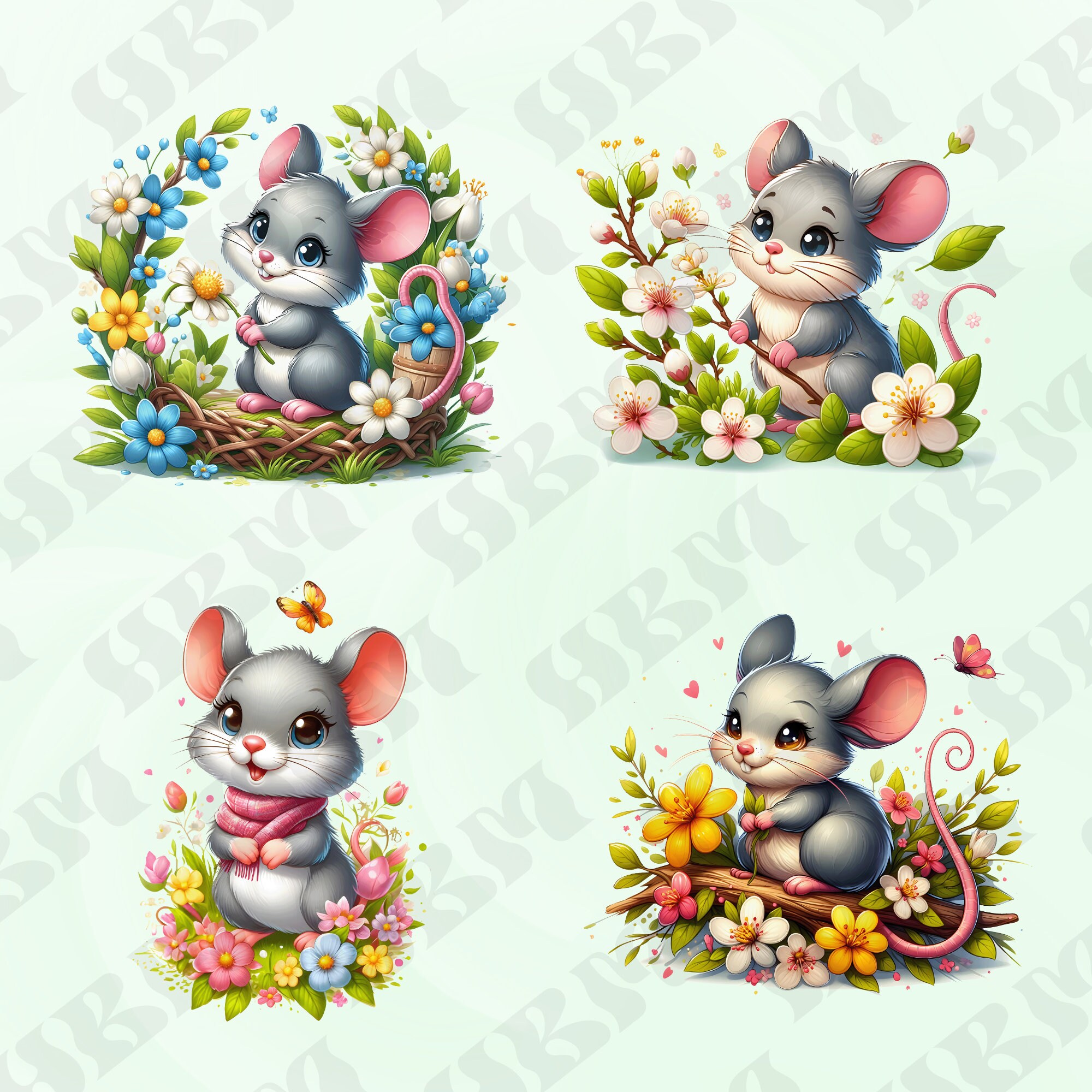 Cute Cartoon Spring Mouse Clipart Bundle, Cheerful Nursery Decor ...