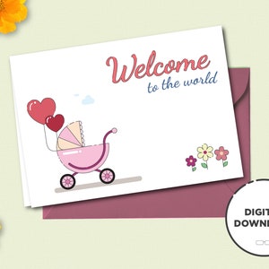 Cartão de boas-vindas ao bebê - Menina - Download digital - Cartão de boas-vindas ao bebê para impressão - Cartão de boas-vindas ao bebê para impressão com linda ilustração de carrinho de bebê