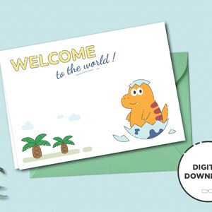 Cartão de boas-vindas ao bebê - Bebê menino - Download digital - Cartão de boas-vindas ao bebê para impressão - Cartão de boas-vindas ao bebê para impressão com ilustração de dinossauro