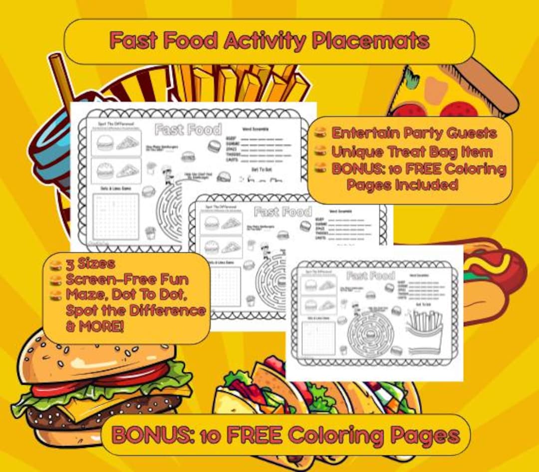 Fast Food Activity Placemat Bundle, Party Favor, FREE Bonus Coloring ...