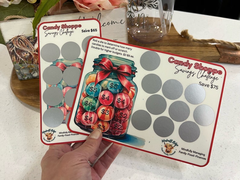 Desafío de ahorro de dinero para raspar Candy Shoppe para carpetas de presupuesto A5 y A6, paquete de desafío de ahorro, juego de 2, descarga digital imagen 1