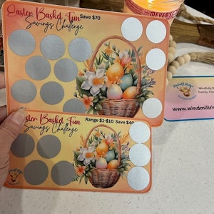 May include: Two orange and white Easter basket themed scratch-off cards. The top card says "Easter Basket Fun Savings Challenge Save $70" and the bottom card says "Easter Basket Fun Savings Challenge Range $1-$10 Save $40".